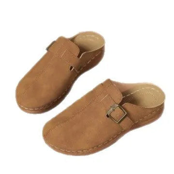 Women's casual wedge slippers in light brown with closed toe and rubber sole