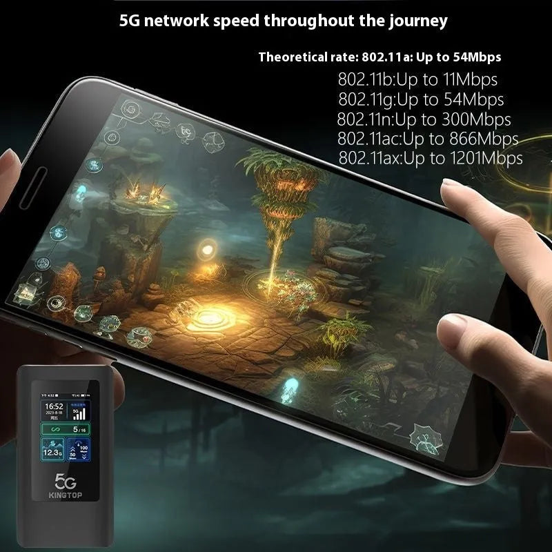 Black portable 5G Wi-Fi router with LCD display showing signal strength and battery level.