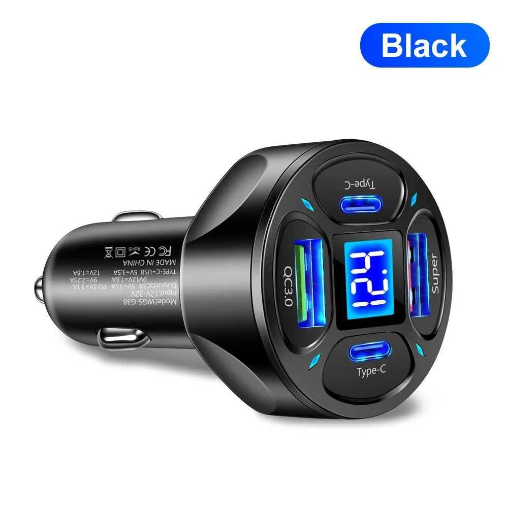 66W black digital display car charger with two USB and two Type-C ports showing voltage readout.