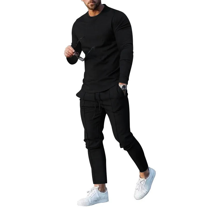 Men's light grey polyester two-piece casual suit with round neck t-shirt and matching trousers