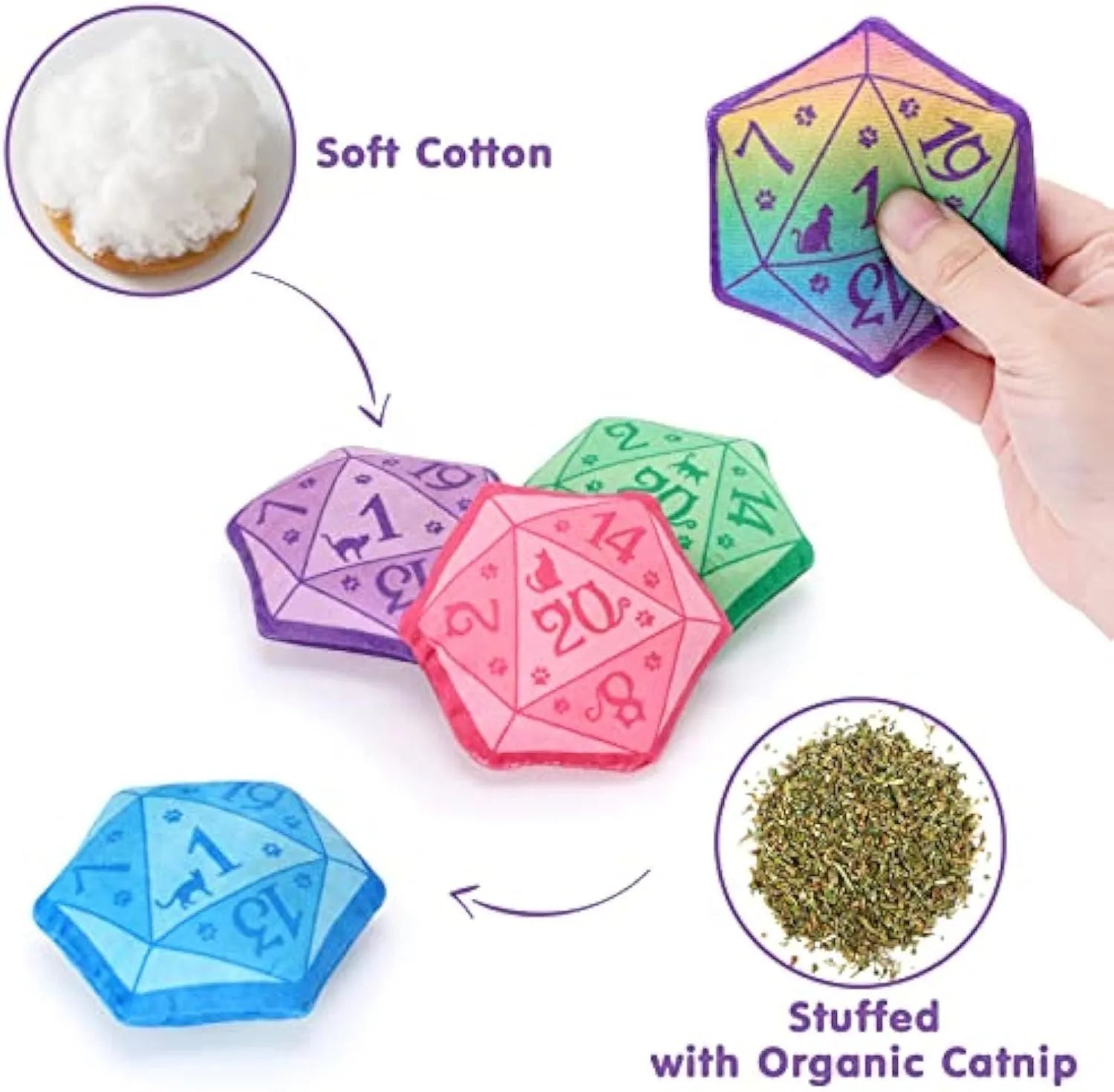 Soft plush dice cat toy filled with organic catnip in blue, purple, green, and pink colour options