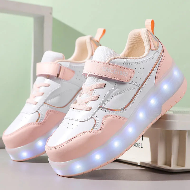 Child wearing charging flash rollerskates with illuminated LED wheels, showing pink and black colour options.