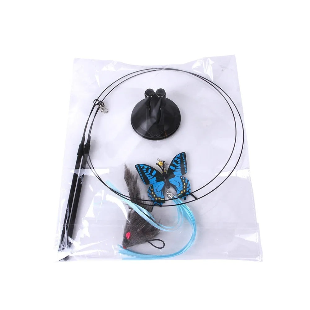 PP cat sucker teaser toy with blue butterfly and gray mouse colour options on a tiled wall for interactive cat play