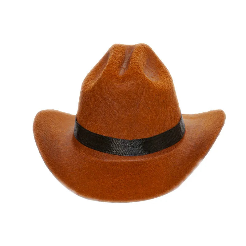 XINGX brown and black British-style cowboy hat for cats on a mannequin head.
