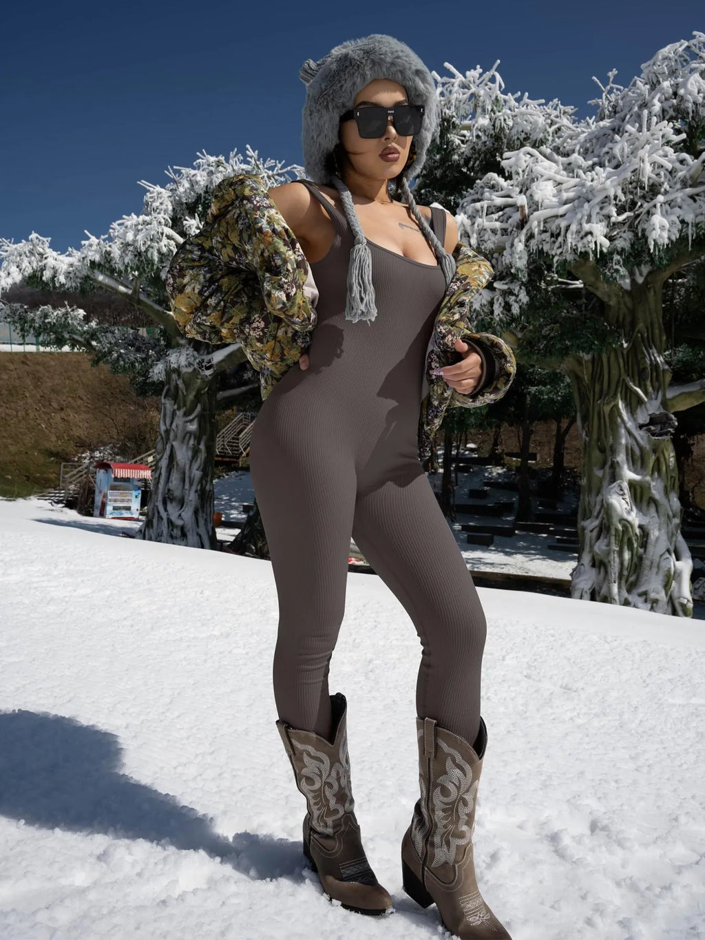 Women's long sleeve spandex suspender bodysuit tights with waist detail and button fastening.