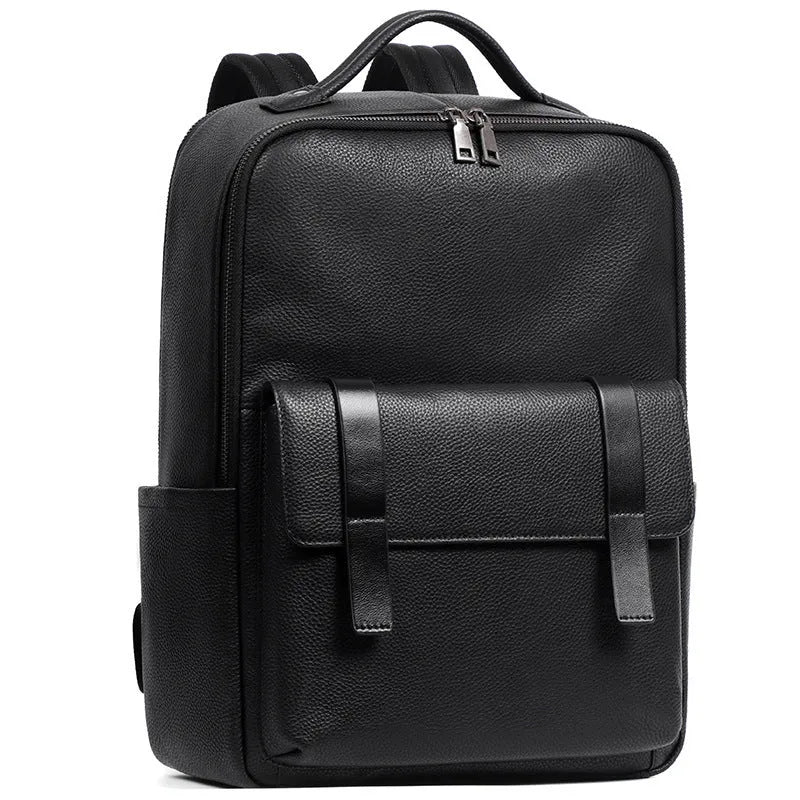 Men's black genuine leather computer backpack with curved back plate showing litchi grain texture and substantial 36-55L capacity.