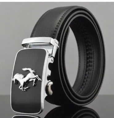Black men's automatic buckle leather belt with a 3.5cm width, showing the buckle mechanism and leopard print design.