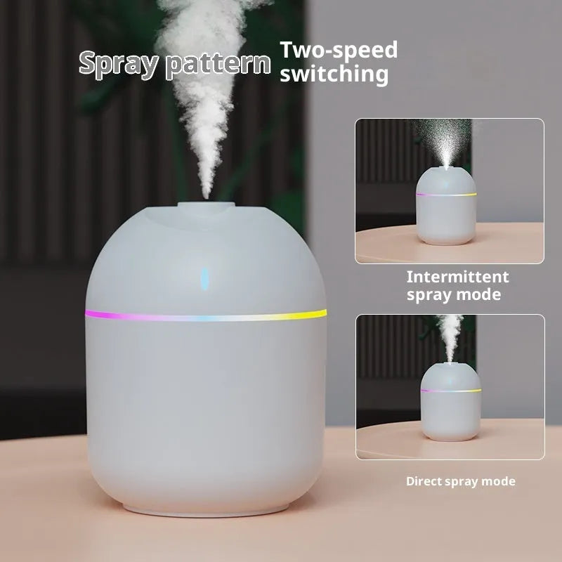 USB water drop humidifier in white, pink, or green with colour light, mute operation, and 2-8 hour timer