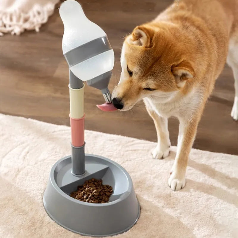 Height-adjustable pet water dispenser with detachable bars, anti-slip base and steel drinking nozzle in green, grey or pink colour