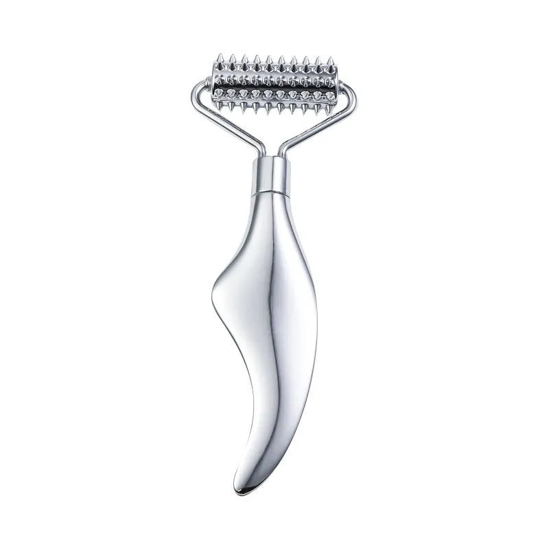 Stainless steel facial roller and scraping plate set for manual acupuncture and massage.