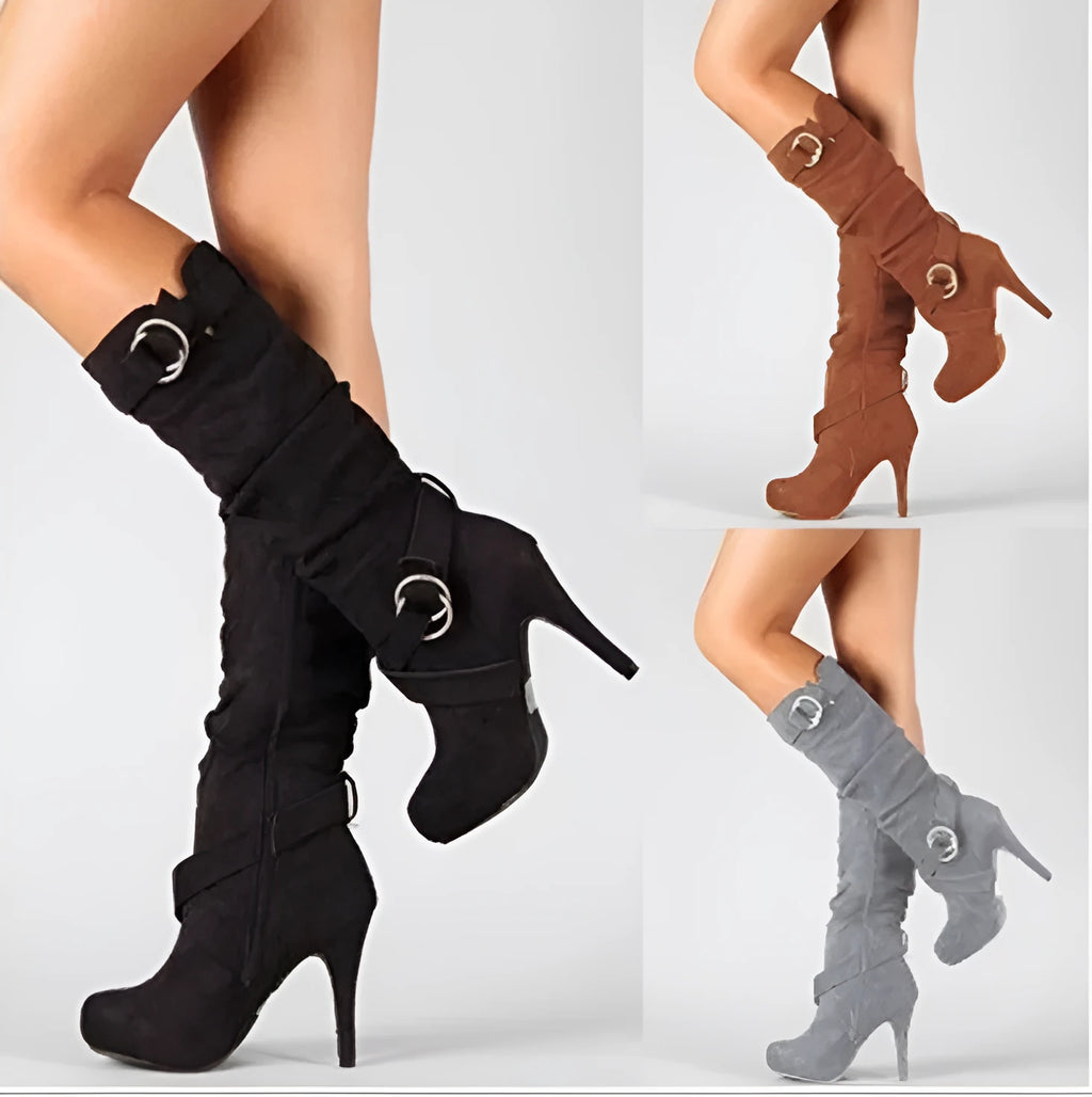 Women's high tube knight boots with belt buckle and side zip in black, grey, or yellow