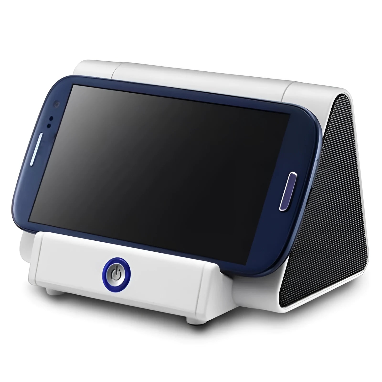 Small black and white wireless Bluetooth mini speaker with built-in charging cable.