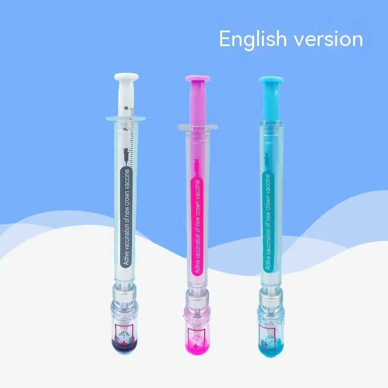Creative vaccine design gel pen with black ink refill showing 15.7cm length