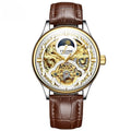 Men's gold leather strap automatic waterproof business watch with 16mm case.
