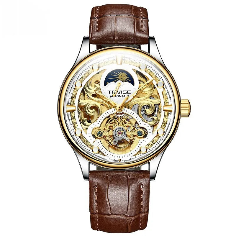 Men's gold leather strap automatic waterproof business watch with 16mm case.