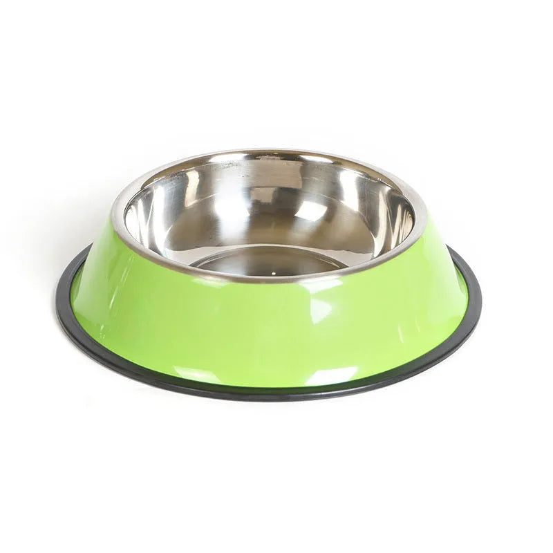 Dual-use stainless steel pet bowl with colourful melamine exterior and non-slip rubber base