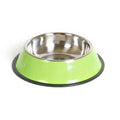 Dual-use stainless steel pet bowl with colourful melamine exterior and non-slip rubber base
