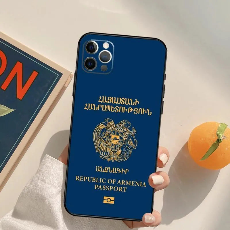 Black TPU soft shell phone case with Armenian flag design, compatible with iPhone 14 series models.