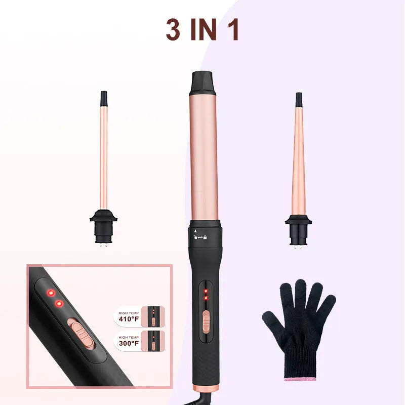 Three-barrel water wave hair curler with wired power cord and interchangeable styling tubes