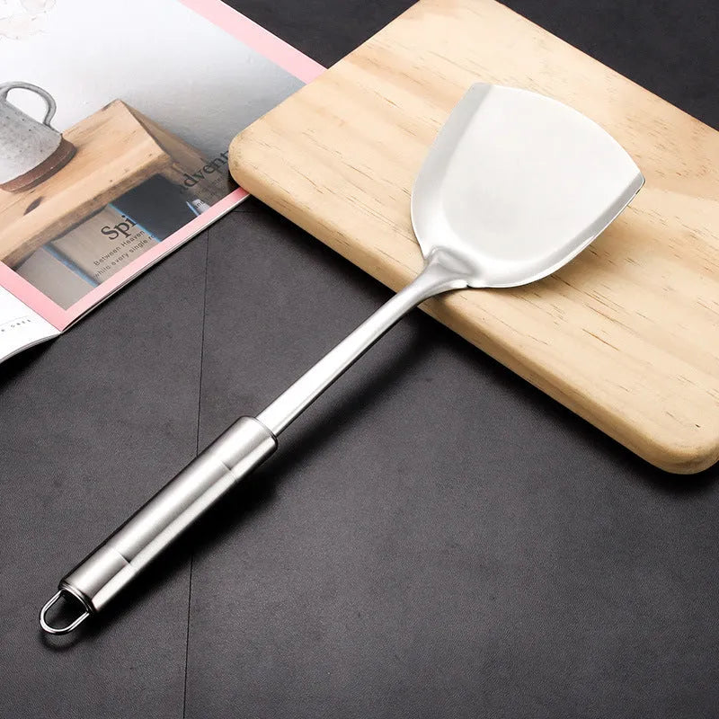 6 piece stainless steel kitchenware set with anti-scalding handles, including shovel, soup spoon, colander, frying shovel, rice spoon and vermicelli