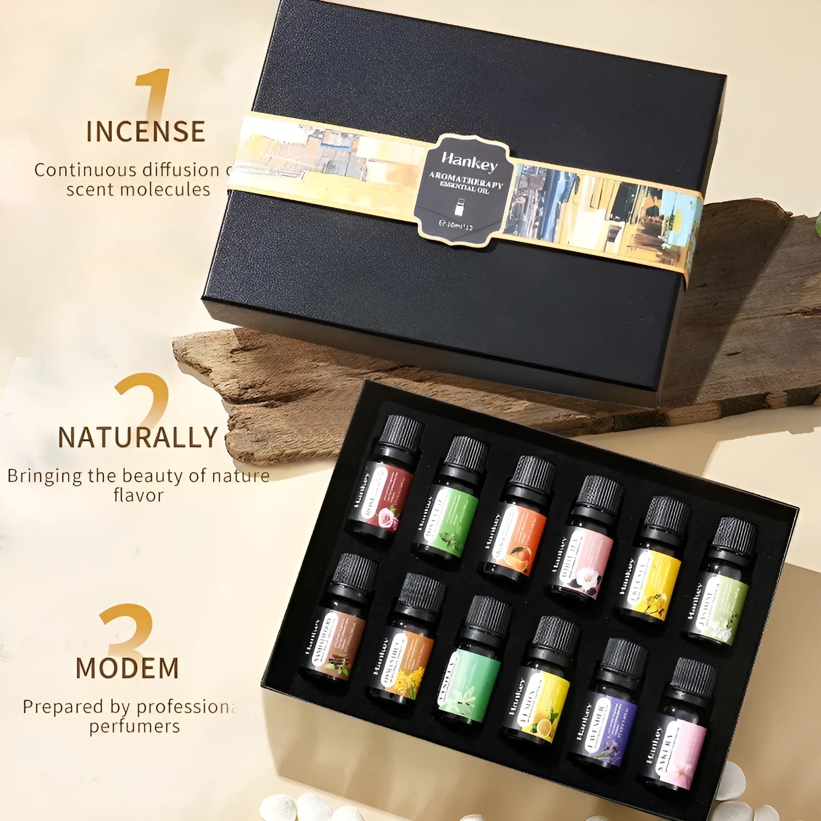 Boxed water-soluble aromatherapy essential oil sets in multiple sizes for diffuser use