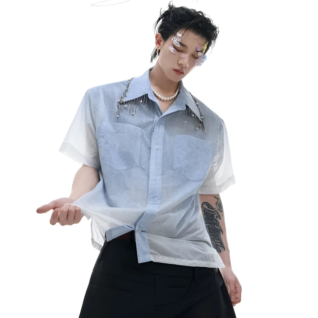 Men's loose fit blue gradient short sleeve casual shirt on a hanger