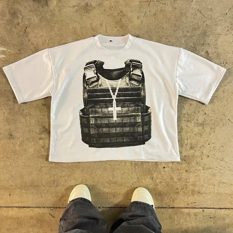 Printed cotton short sleeve t-shirt with retro street style design and drop-shoulder sleeves