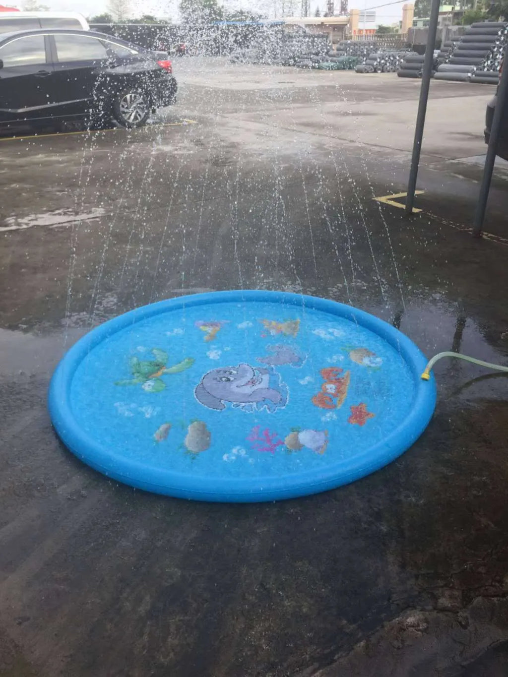 Blue PVC water spray play mat with marine animal designs for outdoor garden use