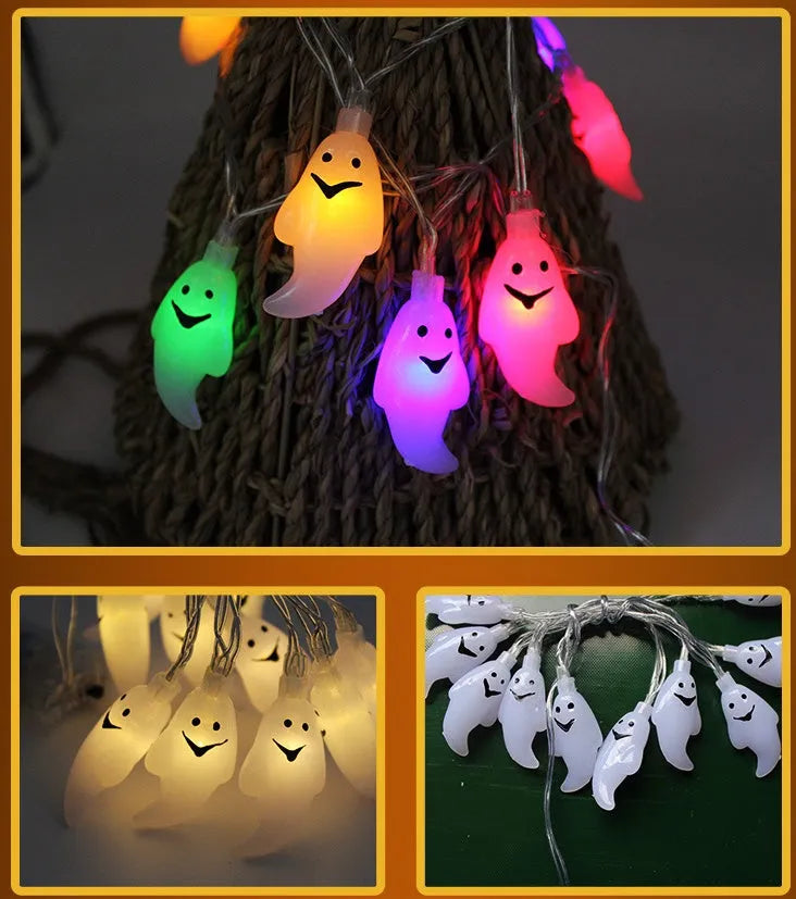 Halloween decoration LED string lights with 10 LED heads including pumpkin, bat, and ghost pendants on a dark background