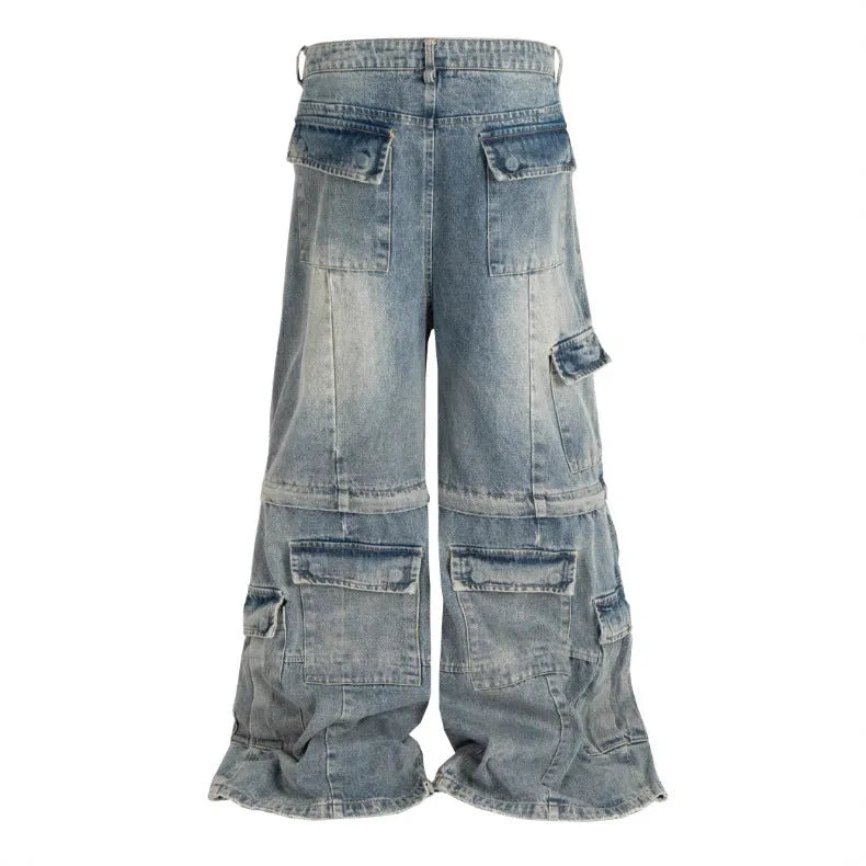 Black washed-out cotton detachable overalls with multiple pockets on a hanger.