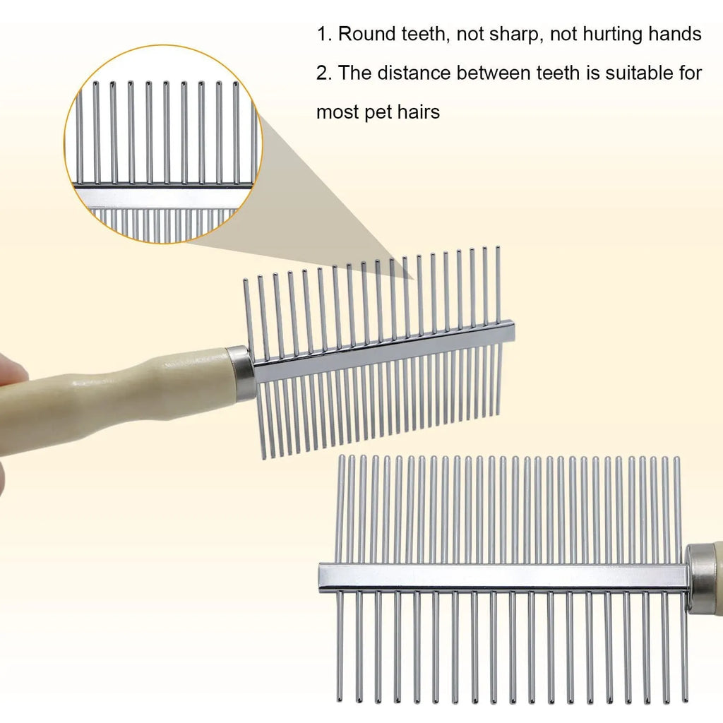 Wooden handle pet grooming comb for dogs and cats with rounded safety tips