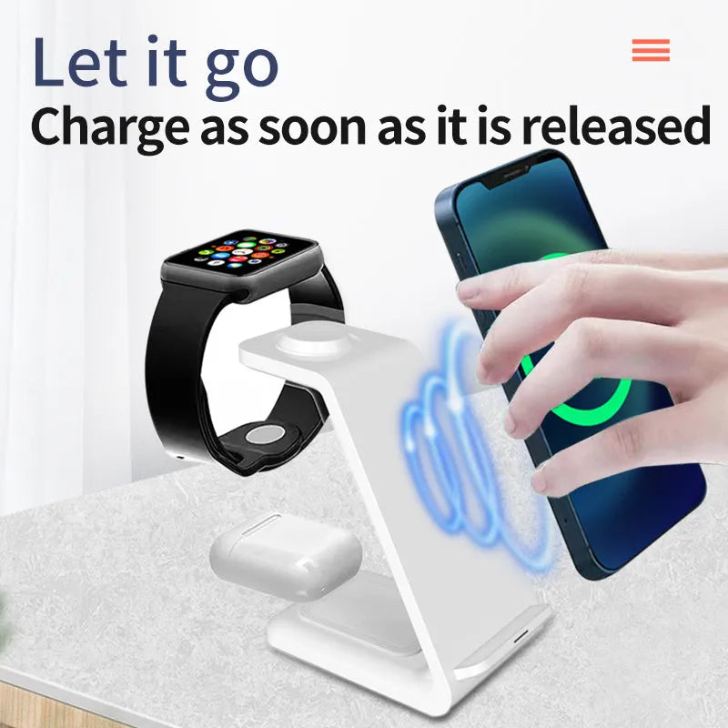 White upright wireless charging stand holding a mobile phone, with a Type-C cable connected.