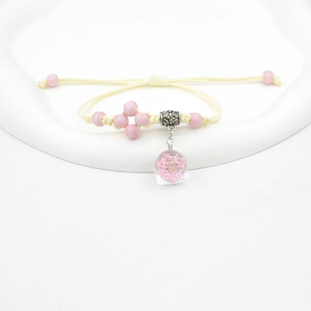 Hand-woven glass dried flower bracelet with large 1.4cm beads in blue colour option