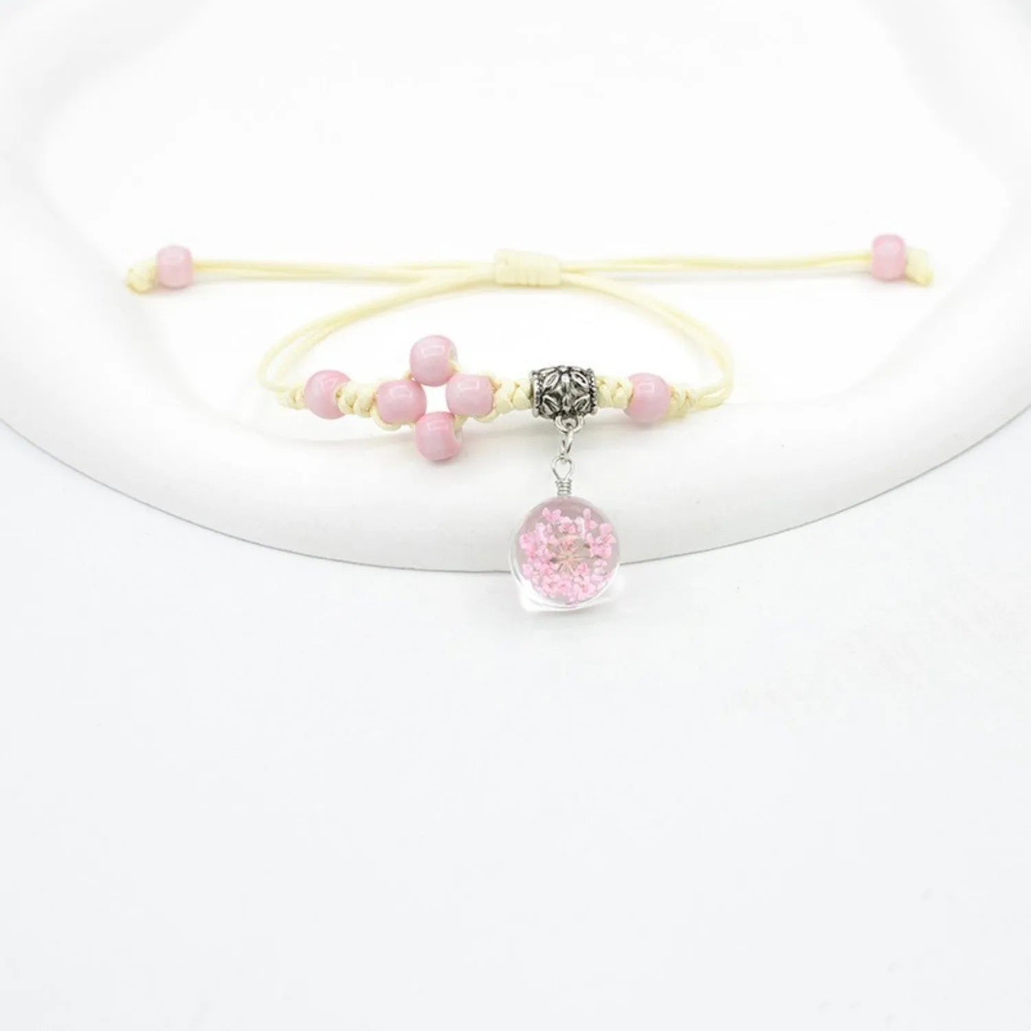 Hand-woven glass dried flower bracelet with large 1.4cm beads in blue colour option