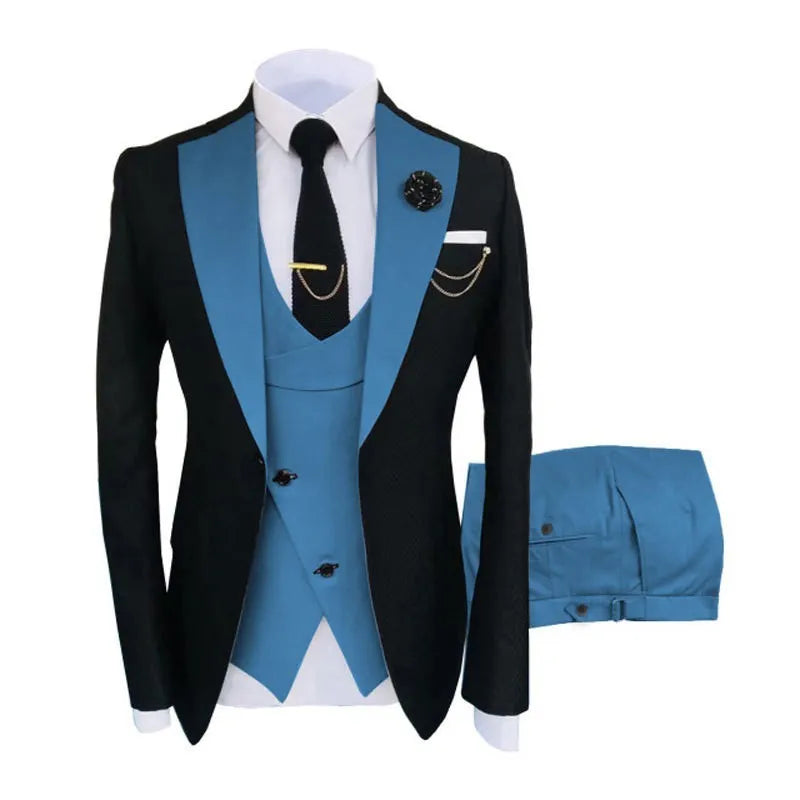 Men's slim fit three-piece business suit with coat, vest and trousers in cotton fabric