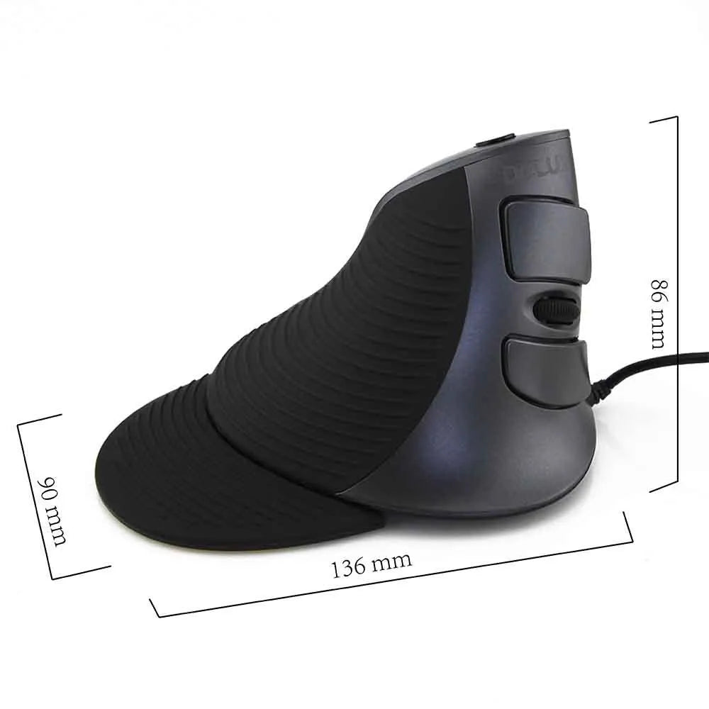 Black and white ergonomic vertical wired optical mouse for desktop computers with 120mm rat size design