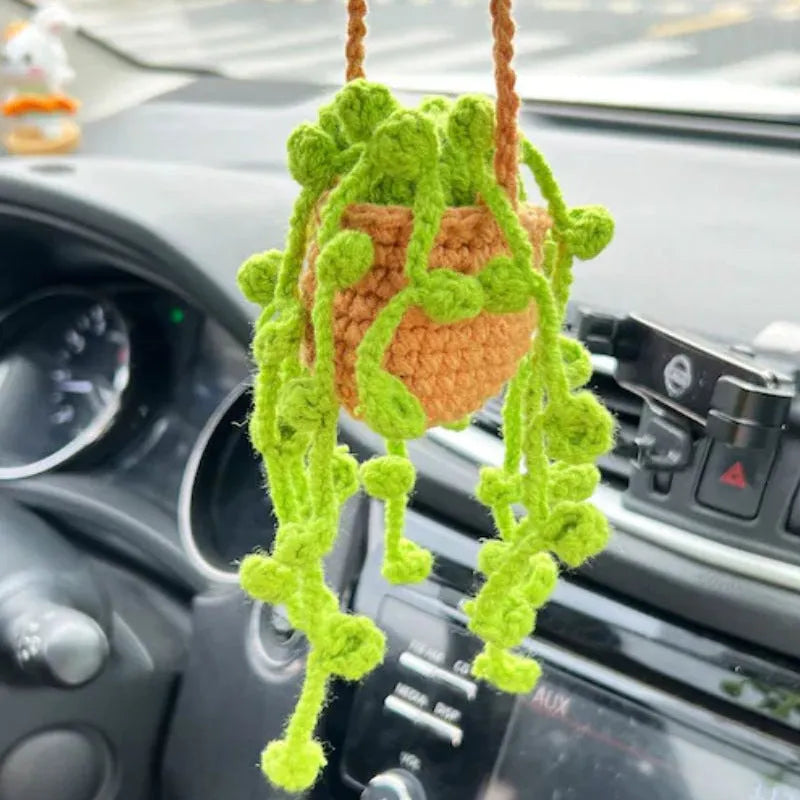 Green and white knitted wool macramé car air plant holder with hanging cord