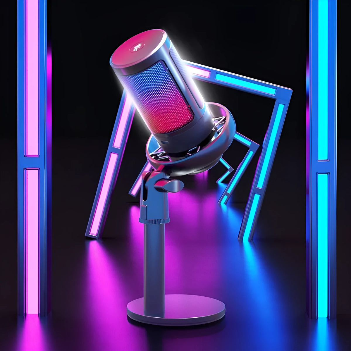 USB condenser microphone with colourful RGB lighting and adjustable cantilever arm on desktop