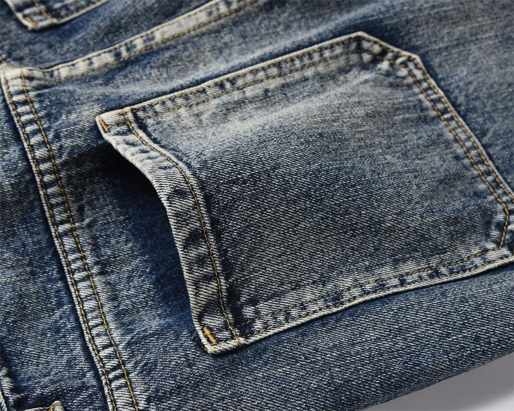 Blue cotton denim loose straight trousers for men, casual punk style, sizes S to XXL
