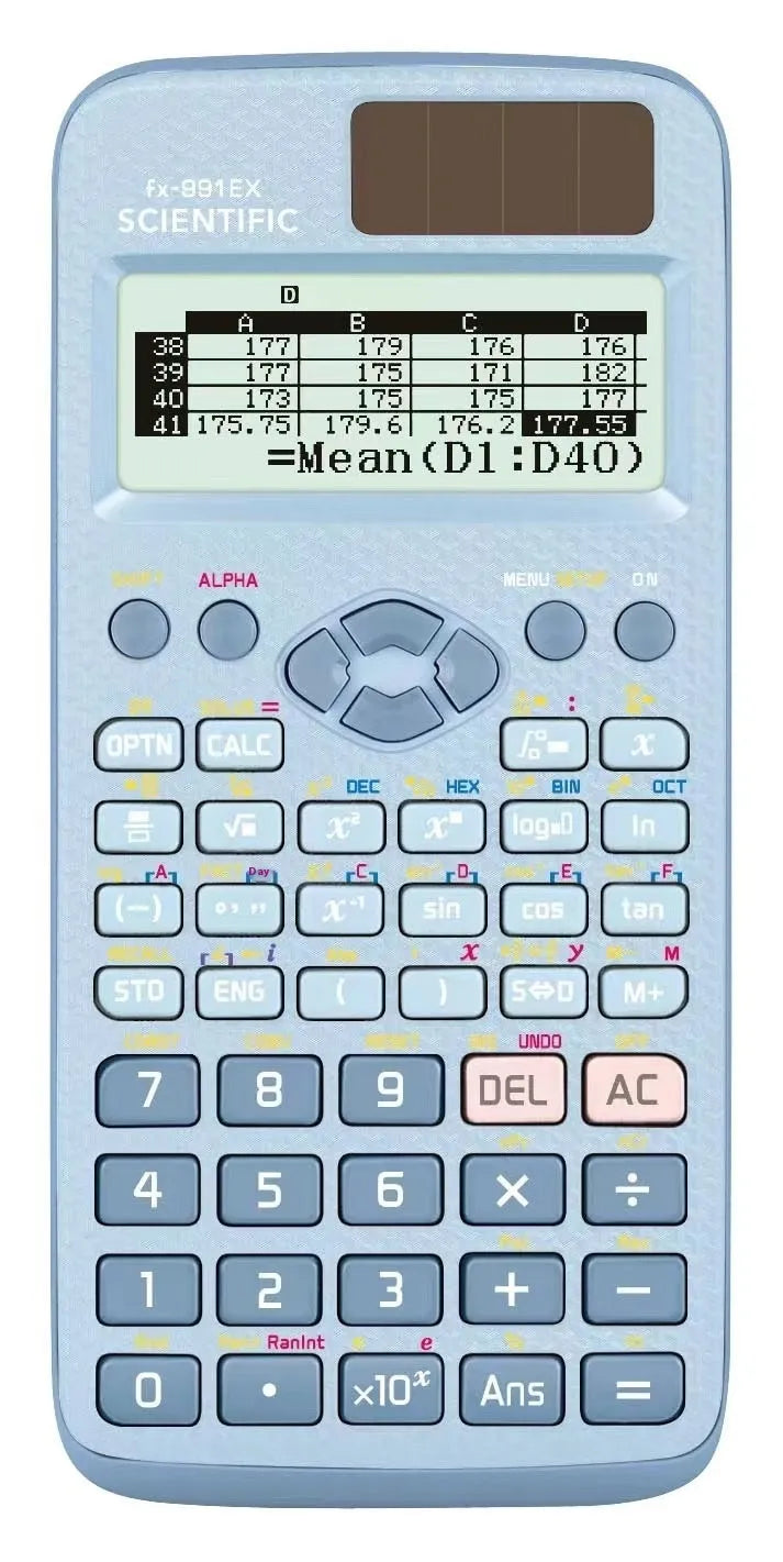 CASIO FX-991EX scientific calculator in black, blue, or pink with solar panel and display.