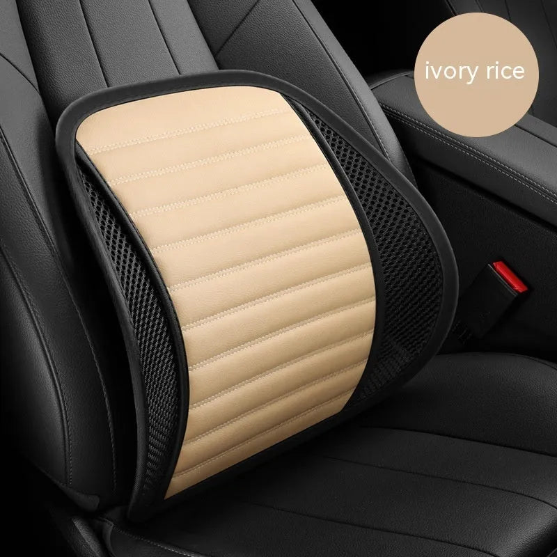 Leather lumbar support cushion for car seats and office chairs shown in one of five colours: sapphire blue, amber brown, black, ivory, or pink.
