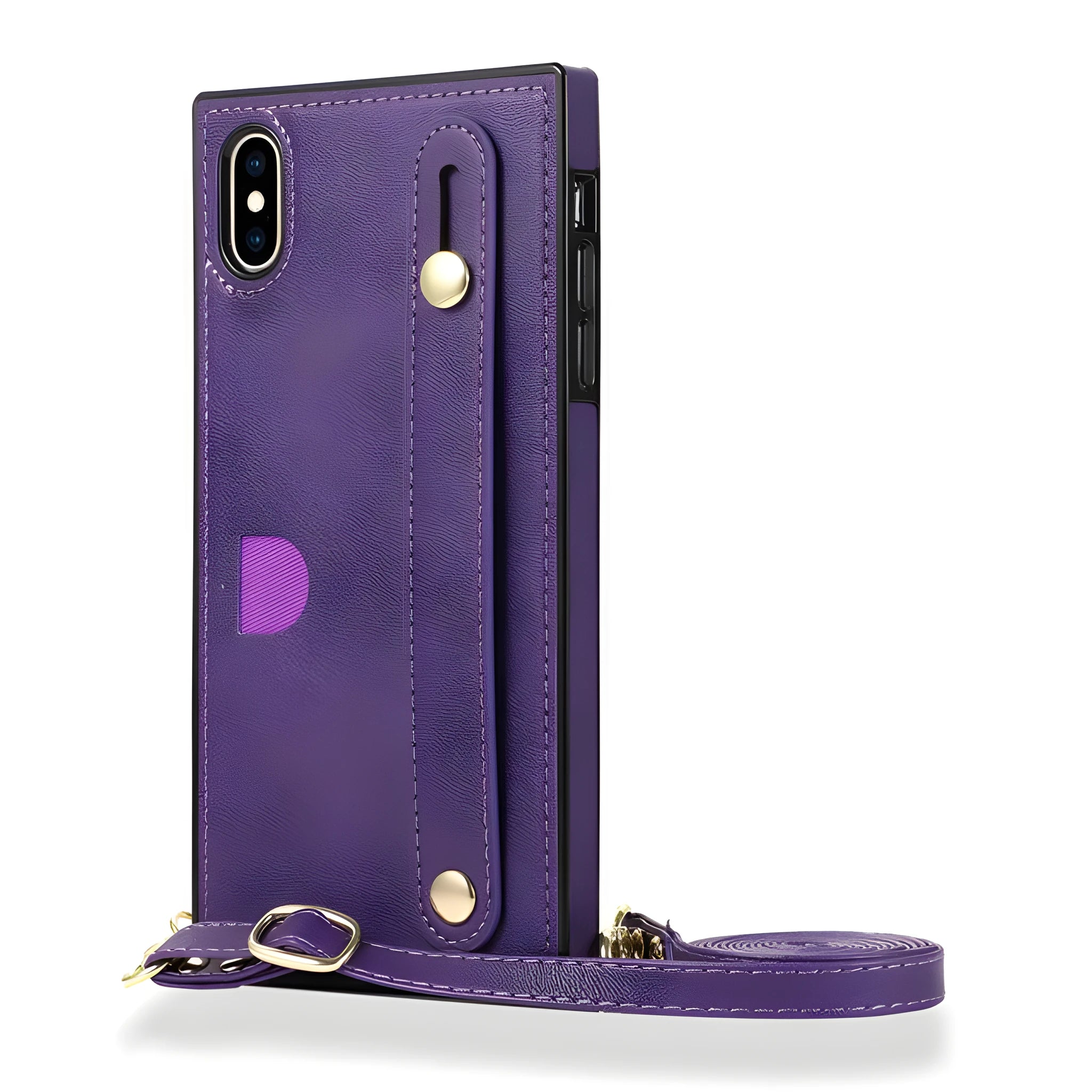 Leather messenger phone case with wristband and card slots for iPhone, shown in black