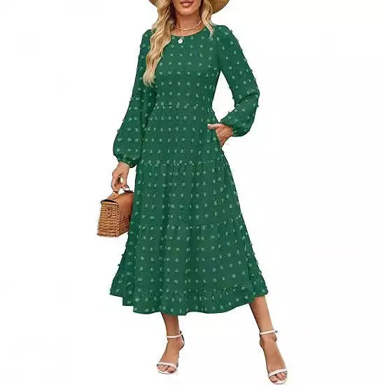 Long sleeve casual dress with ruffle sleeves and high waist in solid colour.