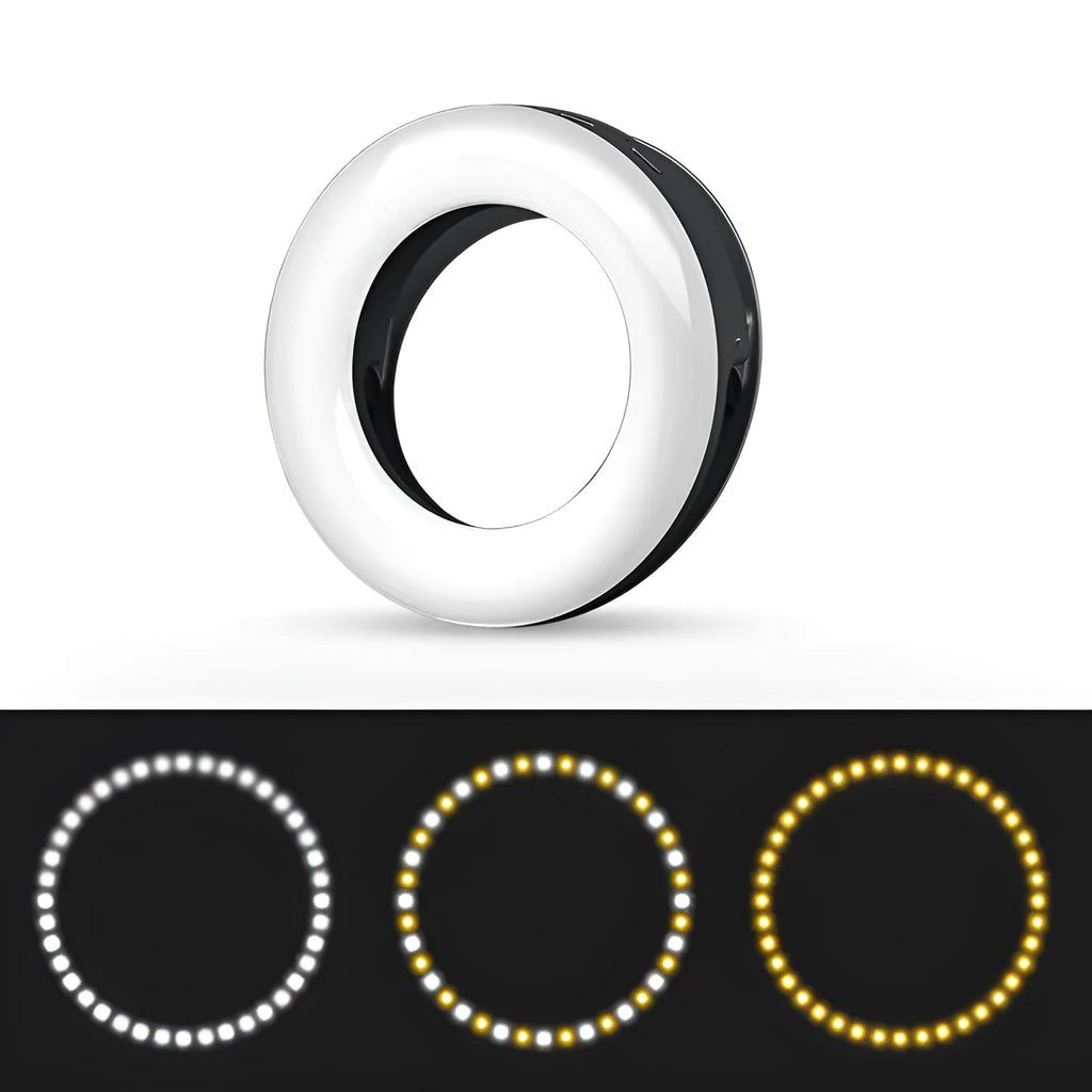 Black portable LED ring light for mobile phones with USB charging cable