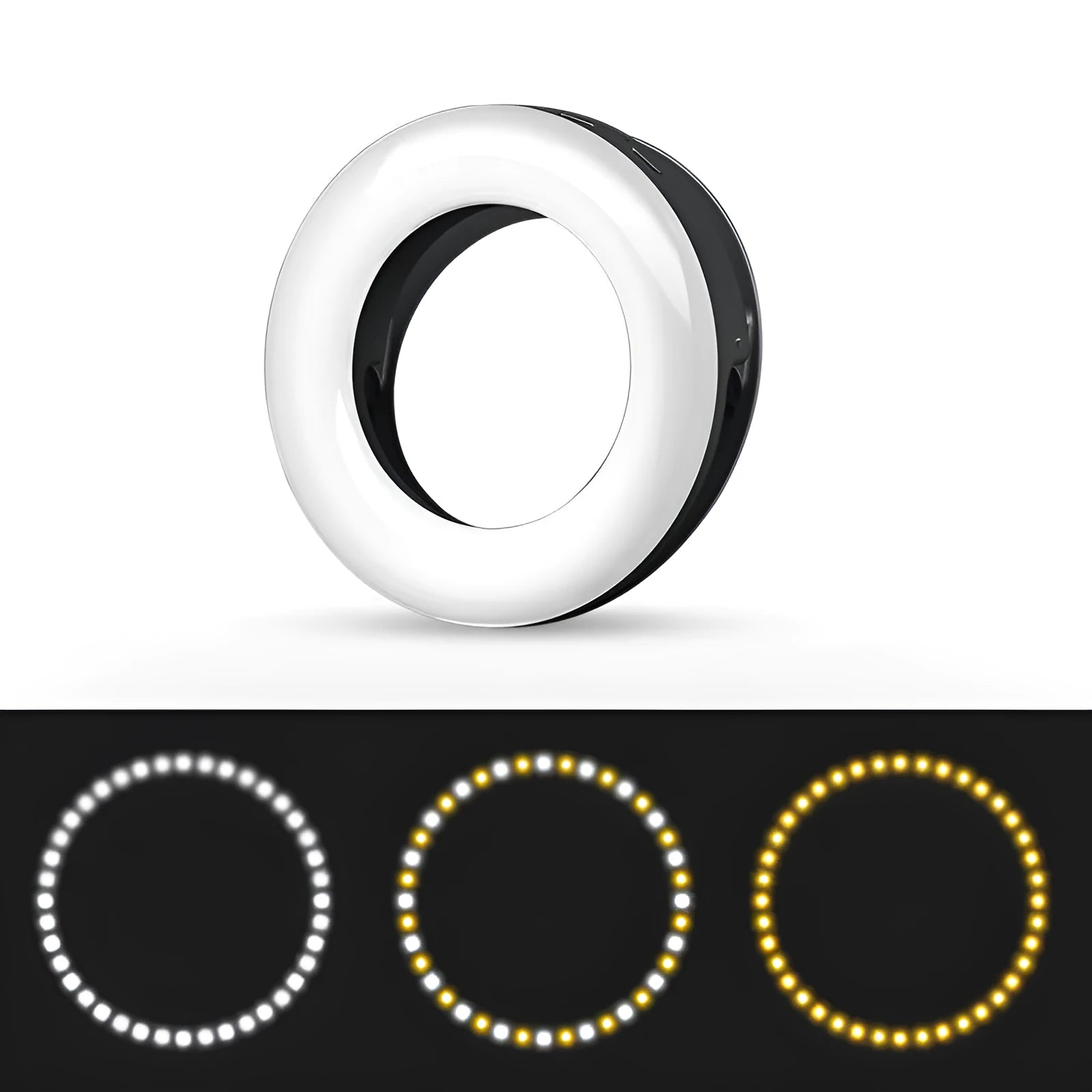 Black portable LED ring light for mobile phones with USB charging cable