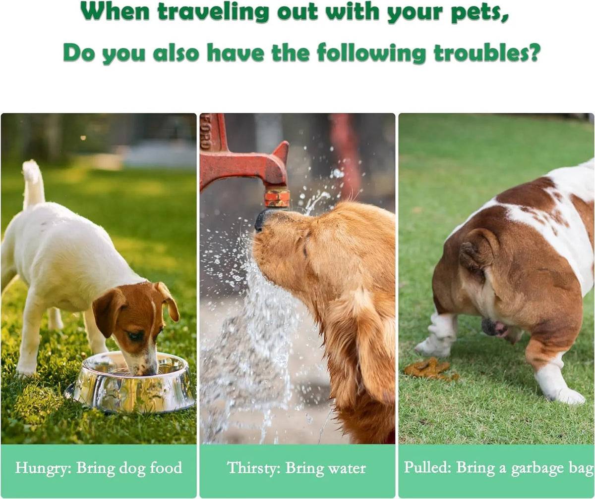 Green pink and white 3-in-1 portable pet water bottle with food container and waste bag dispenser