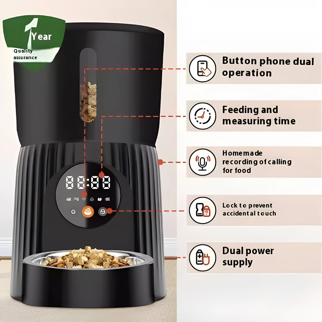 Black intelligent pet feeder with automatic timing and quantitative remote control for cats and dogs