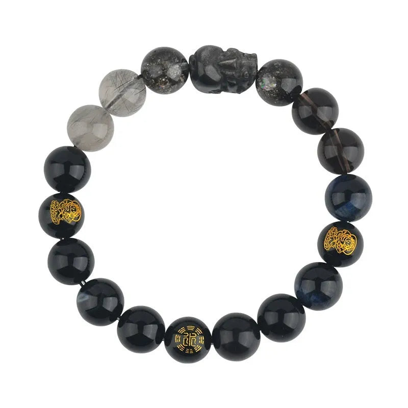 Five elements natural crystal bracelet, handmade geometric unisex design, 8mm and 12mm bead options, gold wood water fire soil colours