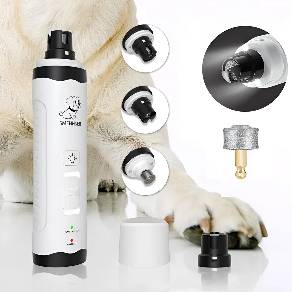 Electric dog nail grinder with LED indicators showing 3-speed settings and dust collection port