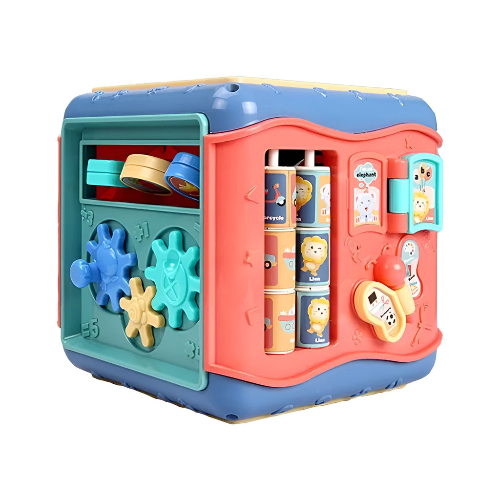 Colourful ABS plastic baby educational cube with bead maze, gears, and shape sorting games on each side.
